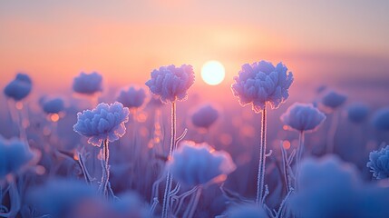 A surreal field of frost-covered flowers against a cold sunrise