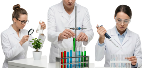 scientists conducting laboratory experiments with test tubes and plant sample isolated on a