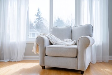 Fototapeta premium Cozy psychologist chair with soft blanket draped over arm, positioned near large windows, creating a serene atmosphere with ample copy space for text or design