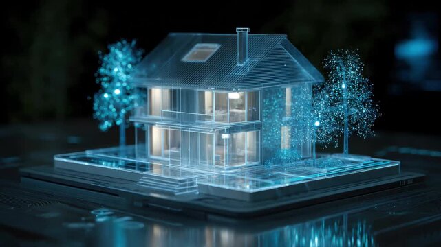 3D model house design displayed on a table with glowing details showing structure and surrounding trees at night