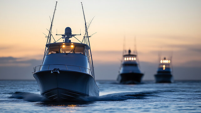 A fleet of fishing yachts is navigating the ocean at twilight, silhouetted against the horizon, showcasing maritime adventure and seafaring under a colorful sky.