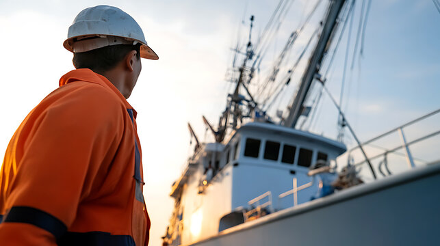 Seafarer's Gaze: A worker in protective gear contemplates the horizon near a large ship, bathed in the warm light of the setting sun. Preparing for voyage.