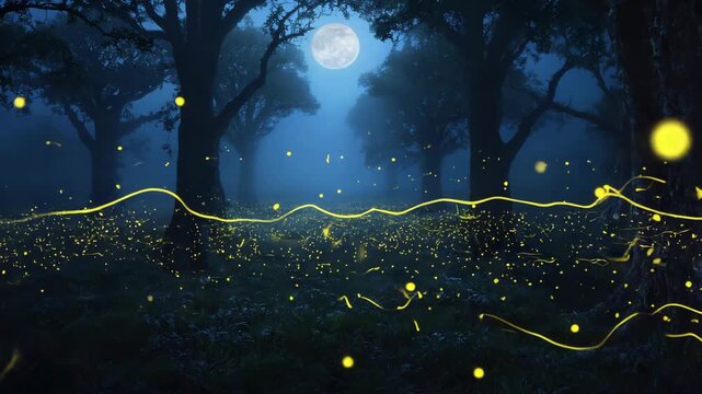 warm of glowing fireflies in dark forest, cinematic mystical realism and bokeh depth