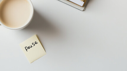 Time for a mindful moment! A soothing beverage and a 'pause' note offer respite. Let's step back, breathe, & refocus before continuing our day's journey.