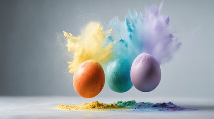 Colorful Easter eggs surrounded by vibrant powder bursts creating a festive atmosphere