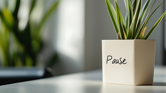 Green indoor plant in a white pot with the word 'Pause' written on the side, symbolizing mindfulness and taking breaks amidst a busy day. Minimalist home decor.