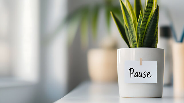 Take a moment to pause and breathe. A green plant in a white pot sits with a reminder note, encouraging mindful breaks for better well-being and a calmer workspace.