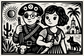 Lampiao and Maria Bonita, bandits and folk heroes of Brazil in traditional Brazilian cordel style. Northeast woodcut vector