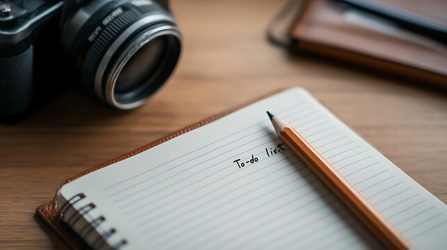 A photographer plans their day with a notebook and pencil, camera nearby, capturing life's moments with intention. Time to create, to capture, to inspire. - Powered by Adobe