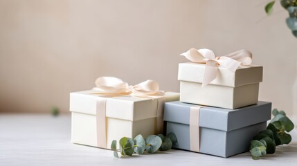 Elegant stacked gift boxes with soft ribbons and greenery, creating a serene atmosphere perfect for celebrations and special occasions