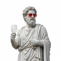 Ancient greek statue wearing red sunglasses and holding a wine glass isolated on white background