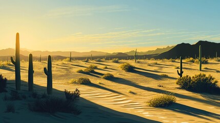 A wide desert horizon with scattered cacti glowing golden under low sunlight