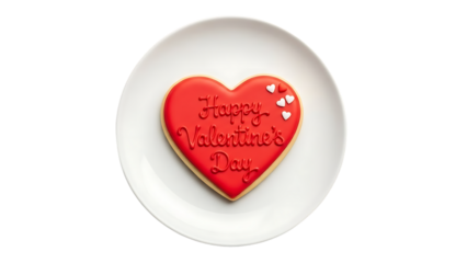 A single heart shaped cookie with red icing and valentine s day message on a white plate