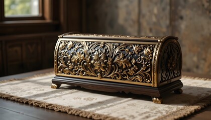  Antique Decorative Piece &ndash; Luxury Still Life
Elegant antique decorative piece, intricately carved with floral and geometric patterns, made of polished brass and dark wood, placed on a vintage velvet 