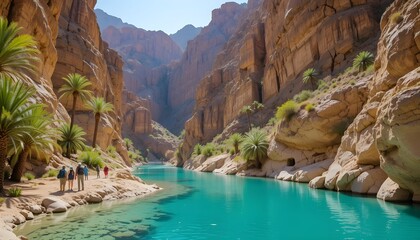    
Breathtaking view of Wadi Shab, Oman&rsquo;s most famous natural attraction, crystal-clear turquoise pools flowing between dramatic limestone cliffs, lush green palm trees surrounding the canyon, sunlig