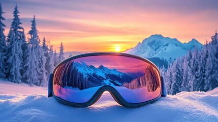 Ski goggles reflect snowy mountains and vibrant sunset over winter forest landscape