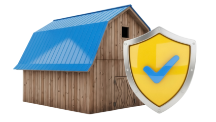 Wooden barn with blue roof and security shield PNG isolated on transparent background, protection concept for farm and agriculture