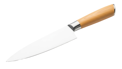 Chef s knife PNG isolated on transparent background, sharp kitchen utensil with wooden handle for cooking and food preparation