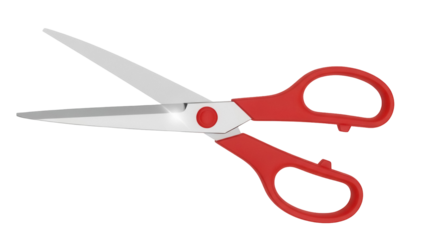 Red handled scissors isolated PNG on transparent background, sharp metal blades for cutting paper and fabric in craft projects