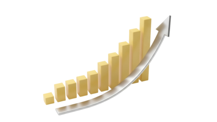 Rising bar graph with arrow isolated PNG, business growth chart on transparent background for presentations and marketing materials