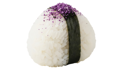 Delicious onigiri with purple sprinkles isolated PNG, Japanese rice ball snack wrapped in nori seaweed on transparent background