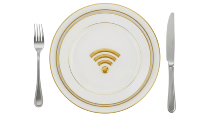 Elegant dinner setting with golden WiFi symbol on plate isolated PNG, modern dining concept for restaurants and technology themes