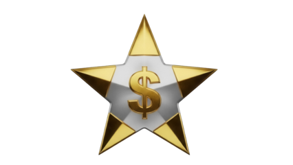 Golden star with dollar sign isolated PNG, financial success and achievement symbol on transparent background for business and investment concepts