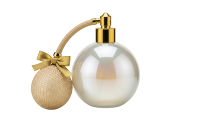 Elegant pearl perfume bottle with golden accents isolated PNG, vintage style fragrance container on transparent background