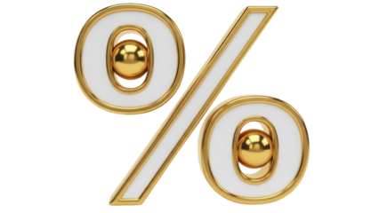 Golden percentage sign PNG isolated on transparent background, 3D rendering of discount symbol for sales and marketing