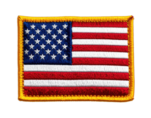 Embroidered emblem of the United States flag against a black background