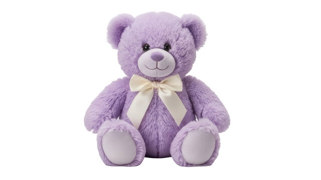 Cute lavender teddy bear with cream bow isolated PNG, fluffy stuffed animal for children s gifts and decorations on transparent background