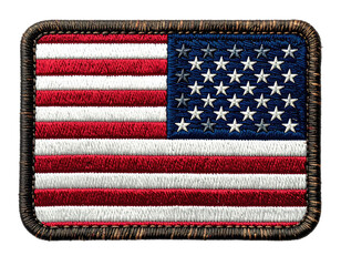 Embroidered flag with red/white stripes, blue rectangle with white stars, bordered and isolated