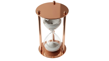 Elegant copper hourglass with sand isolated PNG, time management concept for deadlines and productivity on transparent background