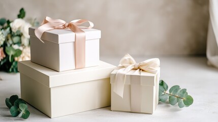 Elegant gift boxes with soft ribbons arranged on a light surface, surrounded by greenery, symbolizing celebration, diversity, and empowerment for Women's Day