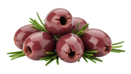 Pile of dark purple olives with rosemary isolated on transparent background, pitted olives PNG for Mediterranean cuisine