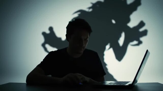 Person Using Computer with Demon Shadow Behind at Home