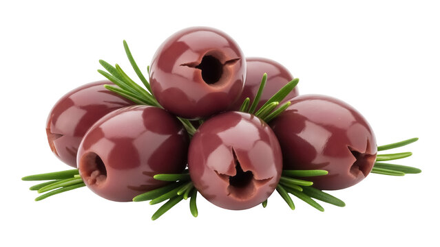 Pile of dark purple olives with rosemary isolated on transparent background, pitted olives PNG for Mediterranean cuisine
