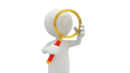 3D stick figure with magnifying glass isolated PNG, searching and investigation concept for business and education