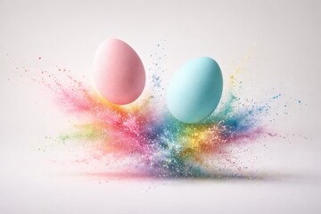 Colorful explosion of pink and blue Easter eggs surrounded by vibrant powder, creating a festive atmosphere for celebrations and artistic expression