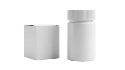 White medicine bottle and box isolated PNG, blank supplement container and packaging mockup for healthcare and pharmaceutical products