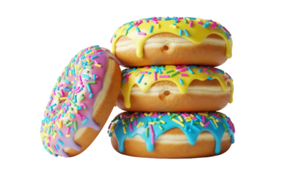 Stack of colorful donuts PNG isolated on transparent background, sweet dessert with sprinkles and icing for bakery and confectionery use