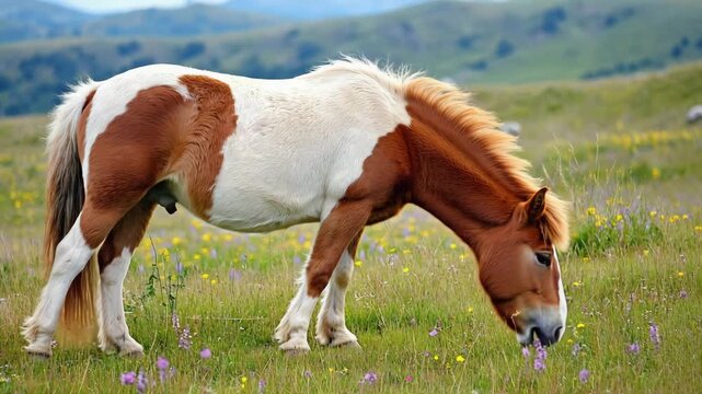 indian pinto pony eating grass video close up