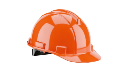Orange hard hat PNG isolated on transparent background, construction safety helmet for industrial work and personal protective equipment