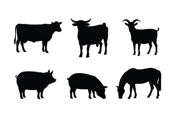 Fototapeta premium Domestic Farm Animal Silhouettes including Cow Pig and Sheep