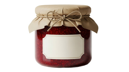 Jar of raspberry jam isolated PNG, homemade preserve with blank label and rustic twine on...