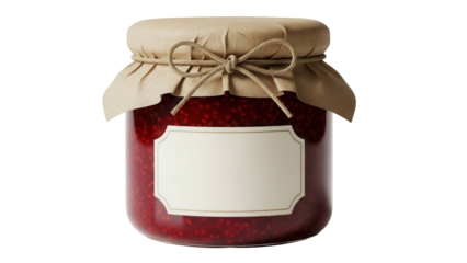 Jar of raspberry jam isolated PNG, homemade preserve with blank label and rustic twine on transparent background, food gift concept