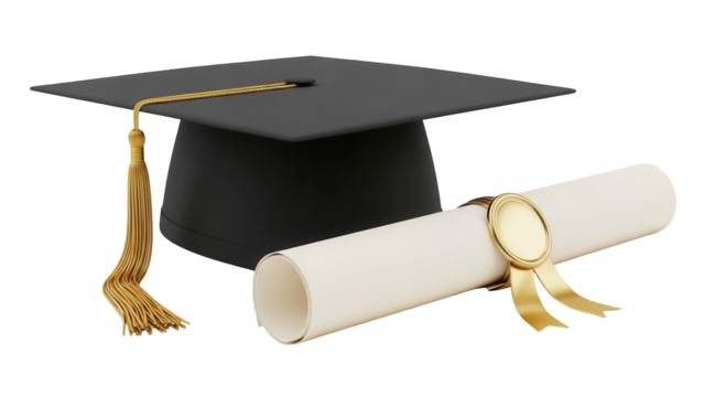 Graduation cap and diploma isolated PNG on transparent background, academic mortarboard with tassel and rolled certificate for education design - Powered by Adobe