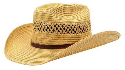 Straw cowboy hat isolated PNG on transparent background, tan woven sun hat with brown leather band for western fashion and summer wear