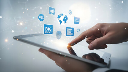 Modern hand interacts with tablet, visualizing big data, data science, and global network connections
