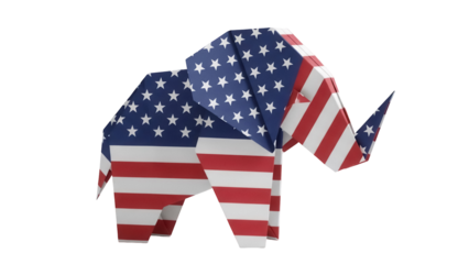 Origami elephant with American flag pattern isolated PNG, patriotic symbol for USA themed designs and political campaigns on transparent background